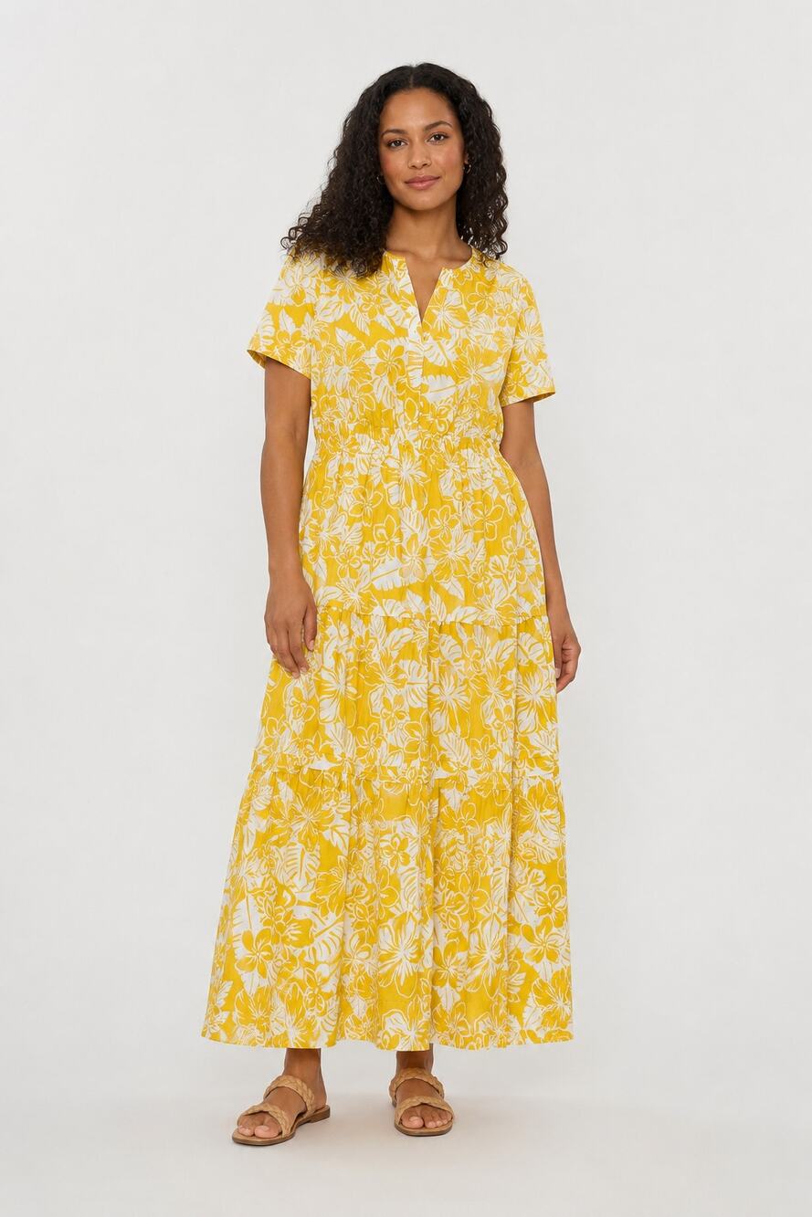 Casa Cabana Emme Tiered Floral Maxi Dress Short Sleeve Marigold Womens XL New